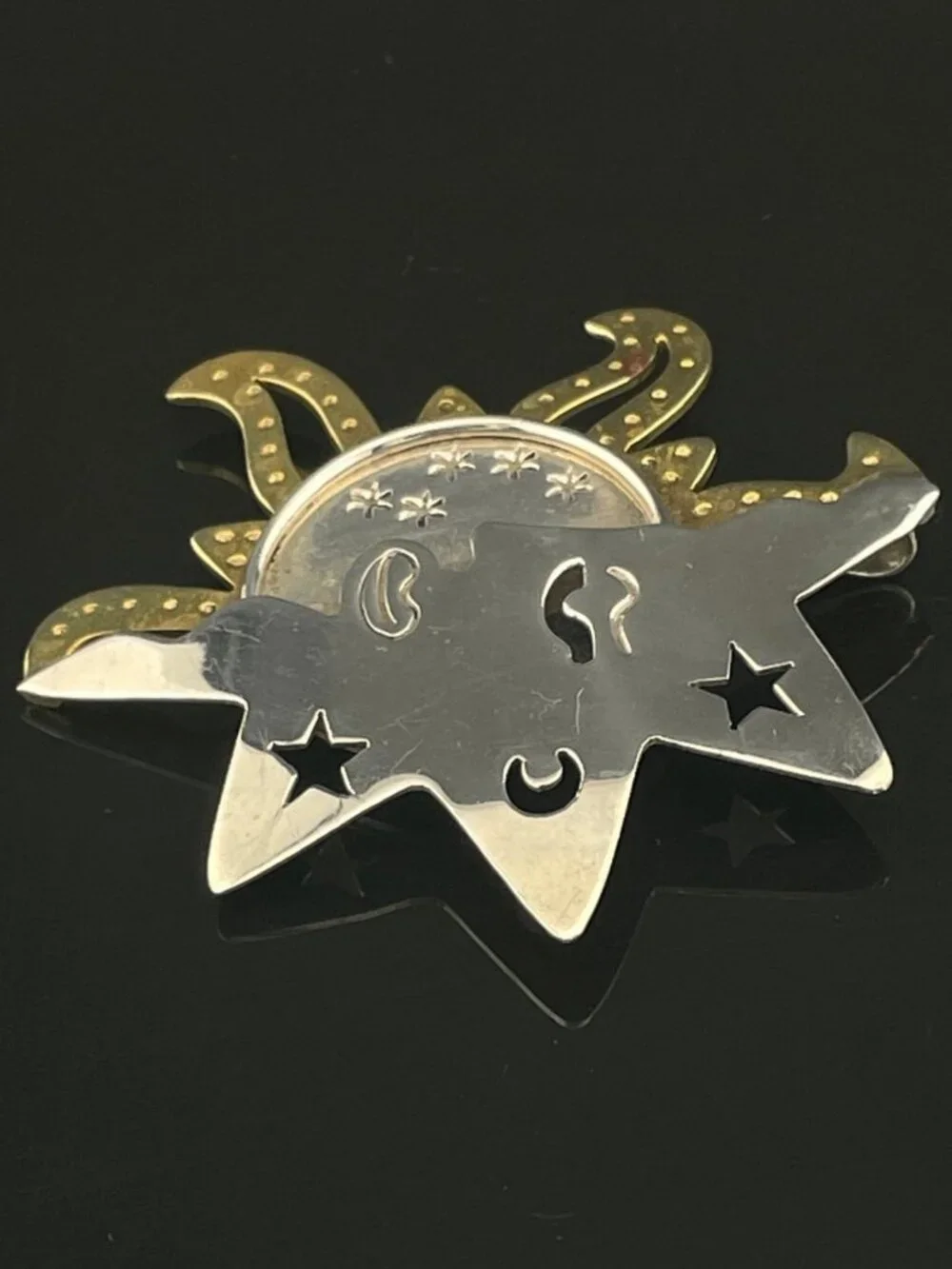 Vintage Mexico 925 Sterling Silver & Brass Celestial Sun Moon Brooch Pin Artisan
